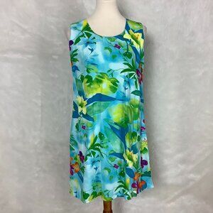 Jams World Blue Green & Yellow Sleeveless Tropical Floral Shift Dress M